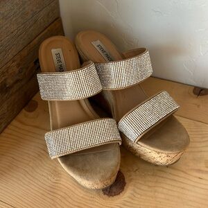Steve Madden SANDRO Women’s wedge sandals 8.5 sparkle diamond cork